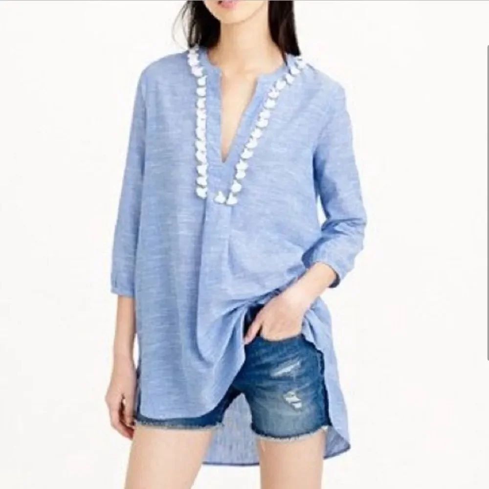 J. Crew Linen Blend Pom Pom Beach Tunic Blue